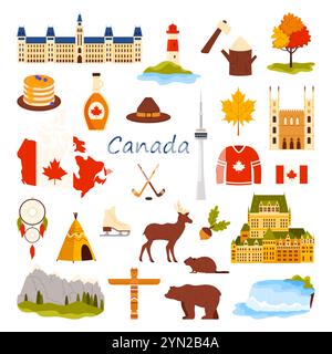 Travel to Canada stickers set. Canadian city landmarks for tourism, hockey and ice skate sport, trees and forest animals, dreamcatcher and teepee of Indian culture cartoon vector illustration Stock Vector