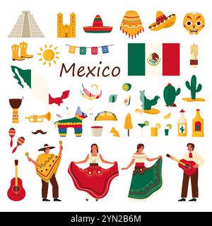 Travel to Mexico set. Mexicans in national costumes with musical instruments, national culture elements and flag with map stickers, cactuses and sun, skull mask and pinata cartoon vector illustration Stock Vector