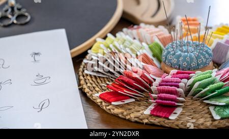 Bold Embroidery on Dark Fabric: A Creative Stitching Lesson Stock Photo