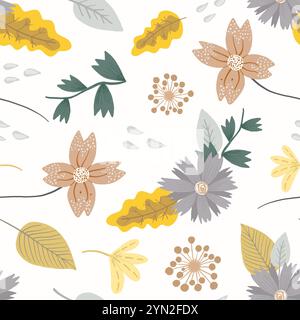 Pastel floral pattern with cute flowers and leaves Stock Vector
