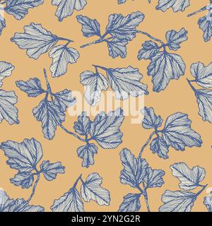 Tender blue and orange textured leaves pattern Stock Vector