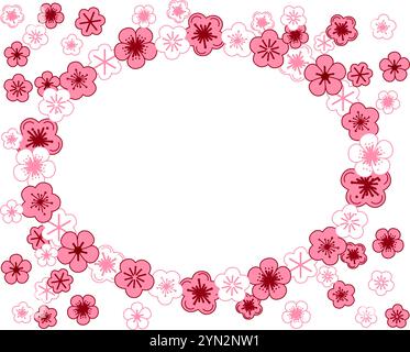 Hand drawn graphic style oval frame illustration of cherry blossoms sakura pink flowers. Vector oval frame template for your text Stock Vector