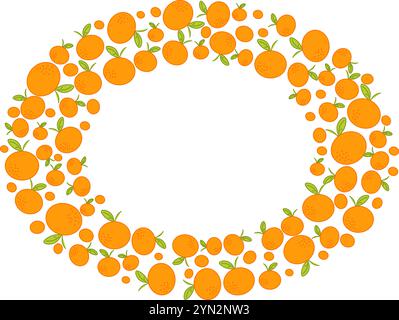 Summer banner oval frame with mandarins. Vector illustration, narrow graphic template background with oranges Stock Vector