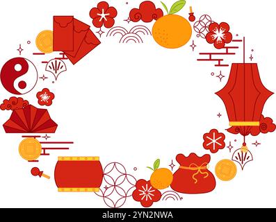 Chinese graphic illustration with cute red lanterns, plum blossoms, mandarin, gold coin and red envelope. Vector oval frame on transparent background Stock Vector