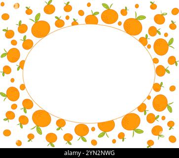 Bright citrus, orange mandarin oval frame. High quality vector graphic art for packages, cards, posters, stationary, menu, food logo, Christmas design Stock Vector