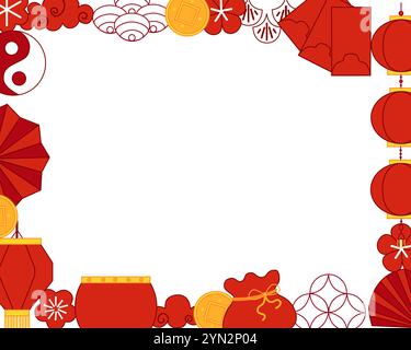 Happy new year rectangle frame vector graphic Chinese new year design for greetings card, invitation, posters, brochure, calendar, flyers, banners. Stock Vector