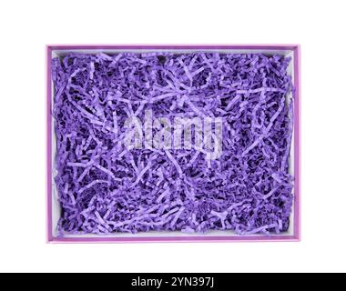 Top view of empty open gift box with purple color shredded paper - gift box filler. Luxury present wrapping or products background. Isolated on white. Stock Photo