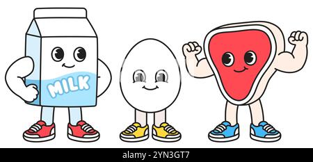 Cartoon milk carton, egg and steak character flexing muscles, funny fitness and bodybuilding vector illustration. Animal based protein and strength. Stock Vector