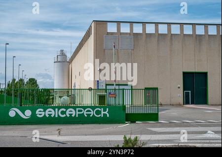 Logrono, Spain- May 26, 2024: The entrance to  Saica Pack factory in Logrono. It is part of the Saica Group Stock Photo