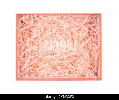 Top view of empty open gift box with pink-orange color shredded paper - gift box filler. Luxury present wrapping or products background. Stock Photo