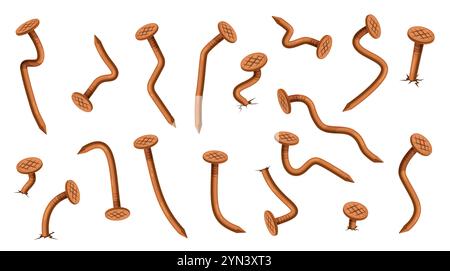 Rusty curved nails. Vintage iron bent hobnails with checkered heads, hammered old pins, carpentry connecting industrial instrument elements, cartoon f Stock Vector