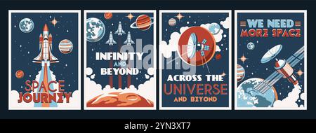 Space explore posters. Astronomy and cosmos research, universe galaxy adventures, rockets, satellites, stations and different planets, banner or card Stock Vector