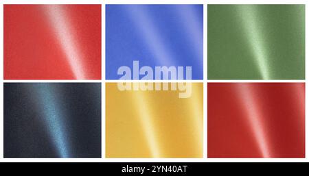 Glossy paper texture set featuring colorful gradients in red, yellow, and green. Smooth and grainy surfaces with a shimmering glow and metallic sheen. Stock Photo