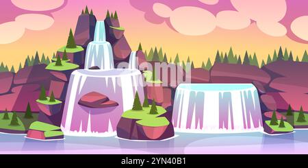 Beautiful mountain landscape. Cascading waterfalls, nature background, water pouring from rocks, tourist attraction, paradise pink panorama, cartoon Stock Vector