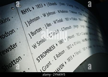 List Of Names Of Crew Died During Service For The RNLI At The RNLI Memorial, Poole,UK, Heroism,Heroes,Sacrifice Stock Photo