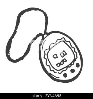 Retro portable pets pocket game of 90s, electronic toy, doodle style flat vector outline Stock Vector