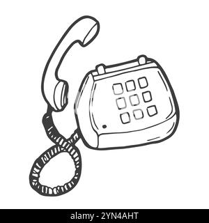 Hand drawn cute outline illustration of blue retro wired phone. Flat vector old telephone with dial sticker in simple line art doodle style. Call devi Stock Vector