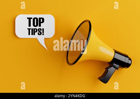 Yellow Megaphone with Top Tips Sign Speech Clouds Chat Bubble on a yellow background. 3d Rendering Stock Photo