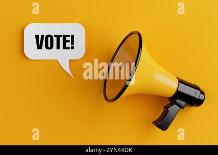 Yellow Megaphone with Vote Sign Speech Clouds Chat Bubble on a yellow background. 3d Rendering Stock Photo