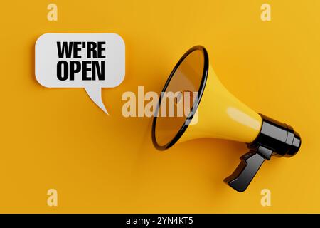 Yellow Megaphone with We Are Open Sign Speech Clouds Chat Bubble on a yellow background. 3d Rendering Stock Photo