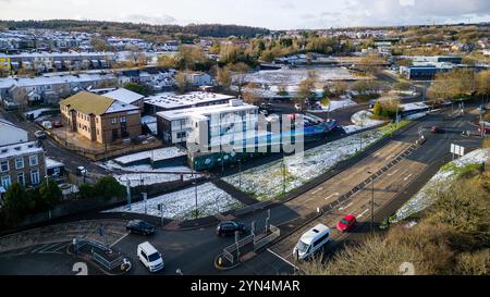 Ebbw Vale in the South Wales Valleys on a snowy, sunny afternoon Stock Photo