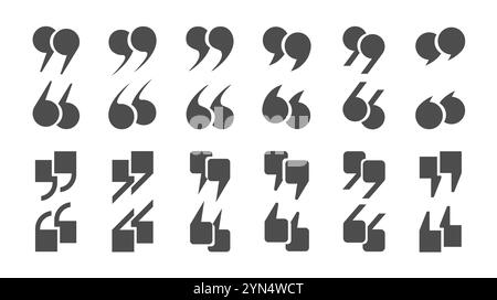 The quotation mark icons are gray on a white background. A speech bubble in the chat, a check mark or a checkbox, and quote icons in the comments. Stock Vector
