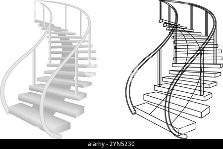 white stairs turn straight up curved style for interior. vector illustration isolated on white background. Stock Vector