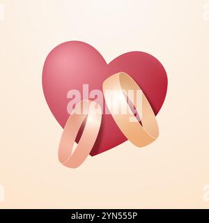 Two wedding rings on the background of the heart. Vector illustration. Stock Vector