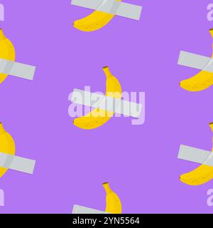 Yellow banana taped to wall with gray duct tape. Modern contemporary art installation. Seamless pattern in purple background. Vector illustration Stock Vector