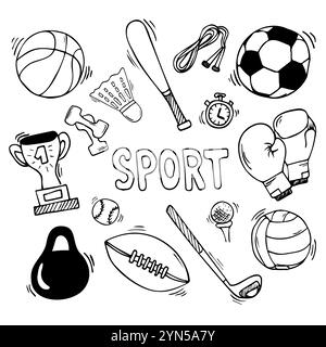 Hand drawn vector illustration set of fitness and sport sign and symbol doodles elements. Stock Vector