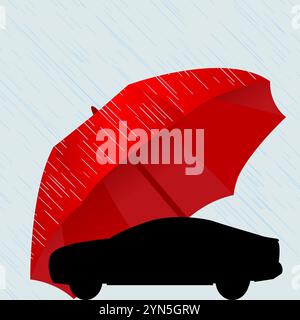 Insurance concept with black car under a red umbrella and rain Stock Vector