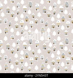 Winter landscape with houses and fir trees, seamless pattern Stock Vector