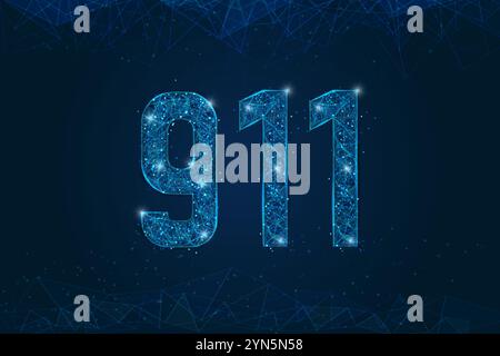 Abstract isolated blue image of The symbolic number 911 nine hundred eleven . Polygonal low poly wireframe illustration looks like stars in the black Stock Vector