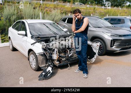 Thoughtful mechanic carefully inspecting damaged car in salvage yard, demonstrating care and accountability in automobile repair and renew service Stock Photo