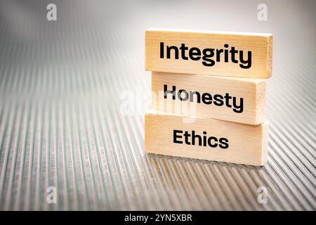 integrity honesty ethics, Ethics and honesty in life and business, arranging wooden blocks with the text " Integrity Honesty" copy space, beautiful  b Stock Photo