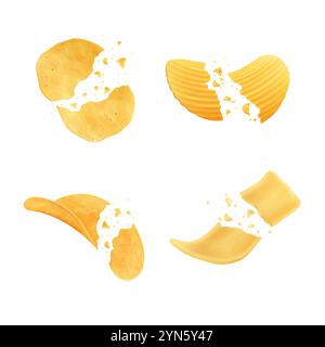 Potato chips. Broken crisp. Crunchy and crispy snack. Realistic 3D wavy piece eating. Crinkle salt fast food. Broken and separated spicy vegetable. Fa Stock Vector