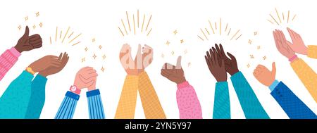 Congratulate background. People hands clap. Thumb up. Success corporate audience. human applauding arms. Happy crowd. Victory team celebration. Respec Stock Vector