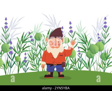 Cute gnomes. Cartoon fairy tale dwarves. Senior fabulous little character waving hand. Happy midget greeting. Wild meadow flowers. Herb leaves. Mythol Stock Vector