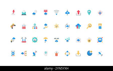 Cloud services, hardware and network model color icon set. SaaS, domain and hosting, virtual platform to compute and control data allocation, sharing and upload flat elements vector illustration Stock Vector