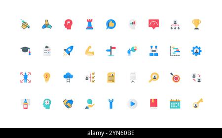 Mentoring, professional skills development and training, transfer knowledge for corporate career growth color icon set. Mentor advice and approach, handshake flat elements vector illustration Stock Vector