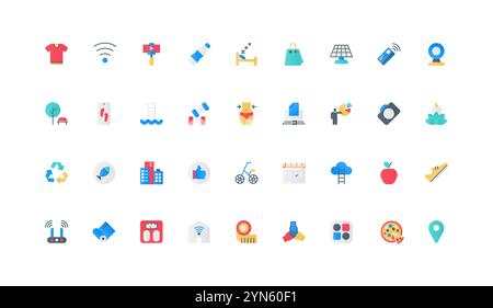 Modern healthy lifestyle, daily life in big city color icon set. Food diet and active sport, sleep and rest meditation, apps for weight control and health care flat elements vector illustration Stock Vector