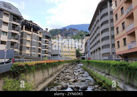 Les Escaldes - Engordany in Andorra - August 31 2024: River Valira flows through the city Stock Photo