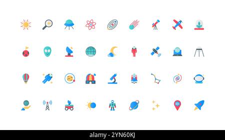 Space and galaxy discovery with astronomy science, astronaut and spaceship color icon set. Planets of solar system and universe, asteroid and satellite, alien flat elements vector illustration Stock Vector