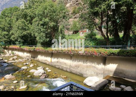 Les Escaldes - Engordany in Andorra - August 31 2024: River Valira flows through the city Stock Photo