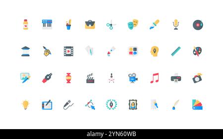 Creation of creative multimedia art content color icon set. Author and artist create portfolio, edit music and photo, film and image artworks with online tools flat elements vector illustration Stock Vector