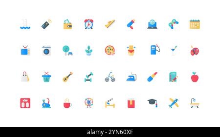 Daily routine, everyday life schedule and lifestyle color icon set. Calendar, sleep in bed and wake up, walk and study with book at home, bath time and shopping flat elements vector illustration Stock Vector