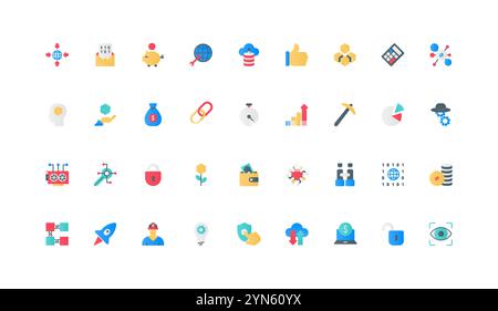 Decentralized digital technology, blockchain and cryptocurrency, data mining color icon set. Network, node and cube models, finance transaction and cryptography flat elements vector illustration Stock Vector