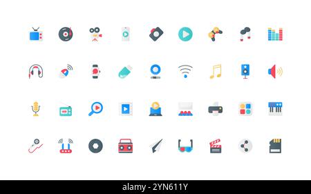 Multimedia devices for photo and video, audio content, cinema color icon set. Music digital equalizer and gamepad, microphone and headphones, webcam and TV, radio flat elements vector illustration Stock Vector