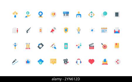 Photo and video project, audio content production color icon set. Digital product advertising and blog of influencer, online marketing and review in social media, flat elements vector illustration Stock Vector