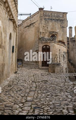 Ancient medieval alleyway somewhere in the historic town of Matera, Italy, Europe Stock Photo